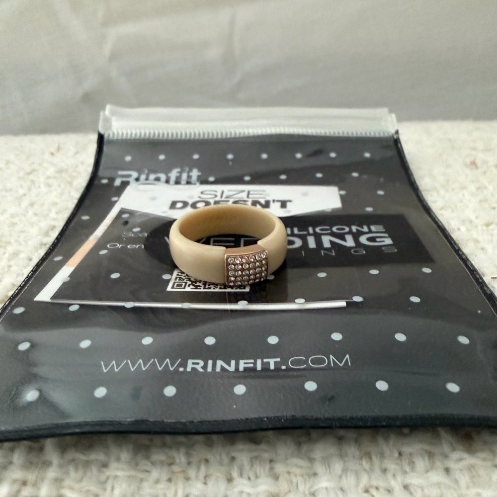 Beige Silicone Ring with Pave Crystal Accent